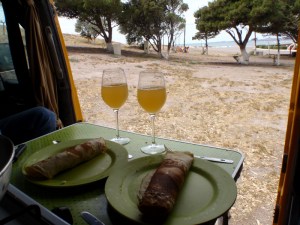 Christmas morning breakfast, in the van out of the wind