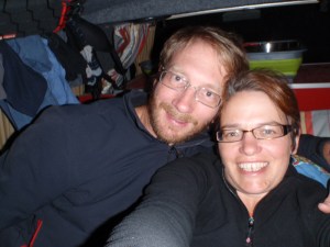 NYE dinner in the van - and yes, that is our smalls hanging up drying behind us!