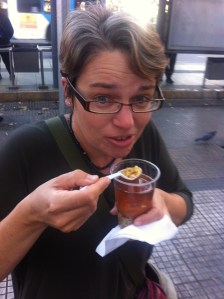 Becca taking her mission to explore the cuisine very seriously - here enjoying "mote con huesillo" (peach and peach juice, with barley) - surprisingly refreshing