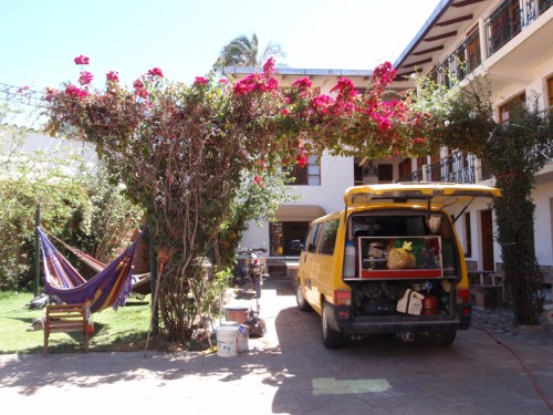 Parked up in the lovely courtyard of Hostal Pachamama