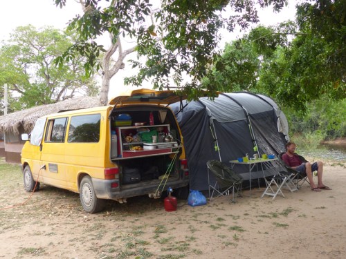 Camp set up next to the river for a few days of watching wildlife pass the front door